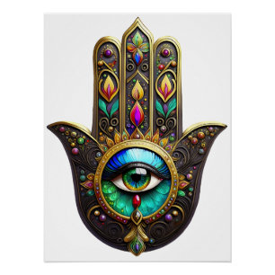 Póster Mano de Hamsa Dorada Marrón Colorida Arcoíris Terc