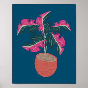 Póster Mano de la planta rosa de Monstera dibujada
