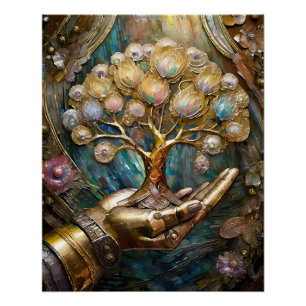 Póster Mano De Robot Dorado Sosteniendo Árbol De Vida Dor