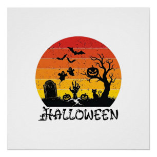 Póster Mano de Zombie de Halloween Lápida Árbol Gato Negr