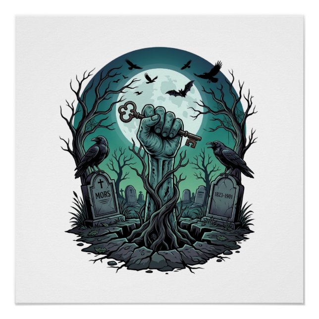 Póster Mano de Zombie Mors Llave de Esqueleto Lápida Cuer (Anverso)