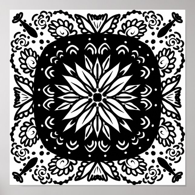Póster Mano dibujada Mandala Doodle Art Blanco Negro (Frente)