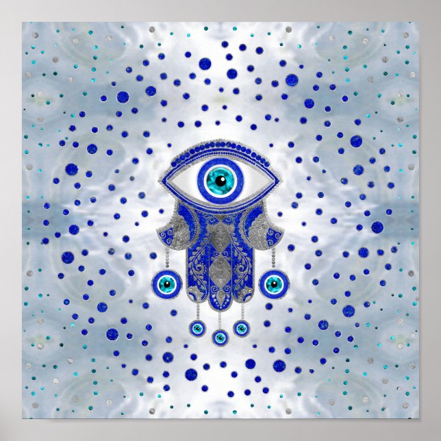 Póster Mano Hamsa de Fatima Lapis Lazuli y Plata (Frente)