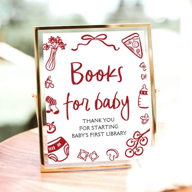 Póster Mano roja italiana dibuja libros de Baby Shower pa (Red Italian Hand Drawn Baby Shower Books for Baby Sign)