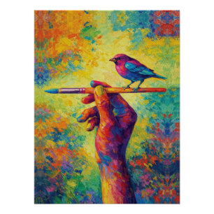 Póster Mano sosteniendo pincel con ave creativa