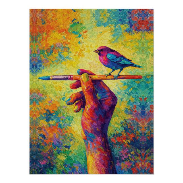 Póster Mano sosteniendo pincel con ave creativa (Anverso)