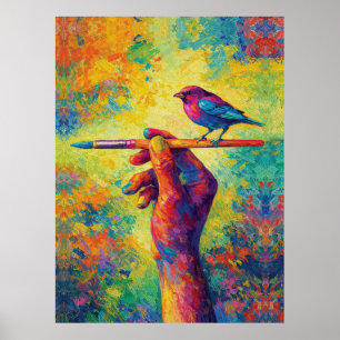 Póster Mano sosteniendo pincel con ave creativa