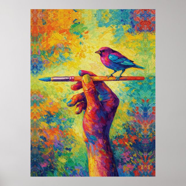 Póster Mano sosteniendo pincel con ave creativa (Frente)
