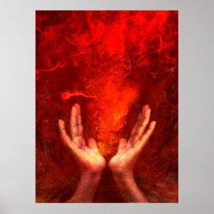 Póster Manos curadoras con energía roja inflamante Reiki