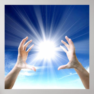 Póster Manos curativas en el fondo azul, reiki, chakra