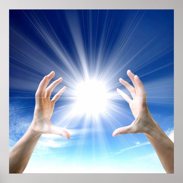 Póster Manos curativas sobre fondo azul, reiki, chakra (Frente)