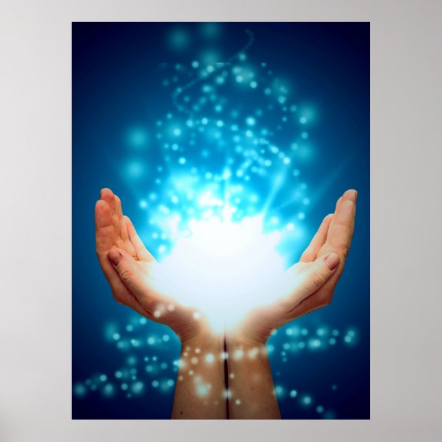 Póster Manos curativas sobre fondo verde, reiki, chakra (Frente)