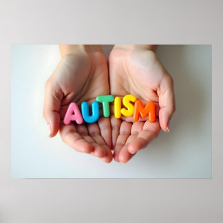 Póster Manos de concientización sobre autismo con letras