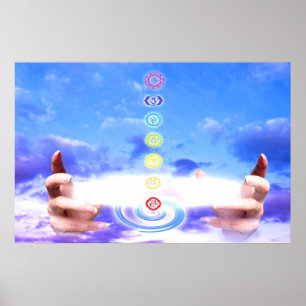 Póster Manos de curación, energía, símbolos de chakra, az
