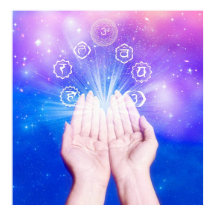 Manos de curación siete símbolo chakras fondo azul