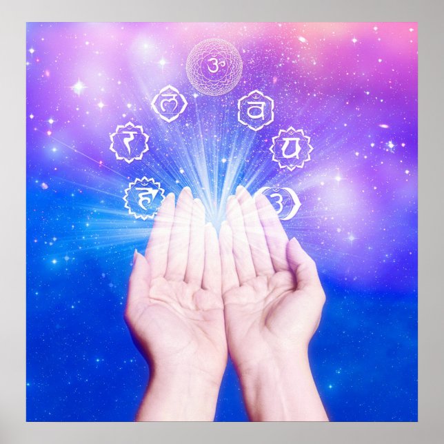 Póster Manos de curación siete símbolo chakras fondo azul (Frente)