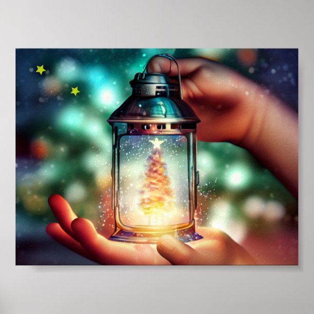Póster Manos de niño sosteniendo una linterna de Navidad (Frente)