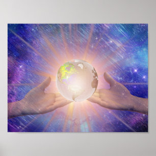 Póster Manos que sostienen un globo que brilla
