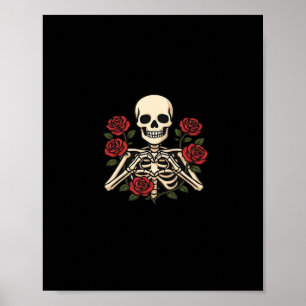 Póster Manos Skeleton Heart Con Rosas Rojas - Romántico O