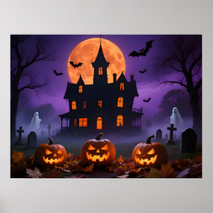 Póster Mansión Gótica Espeluznante con Fantasmas y Cement
