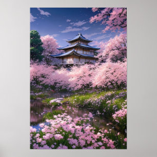 Póster Mansión japonesa aceptada por flores de sakura