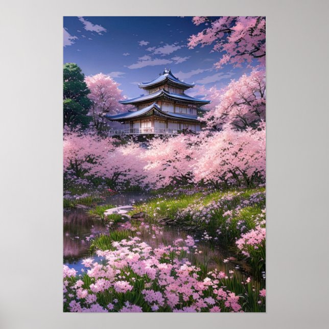 Póster Mansión japonesa aceptada por flores de sakura (Frente)