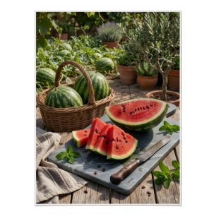 Póster Manta de Fruta de Cesta de Sandía Fresca Rústica P