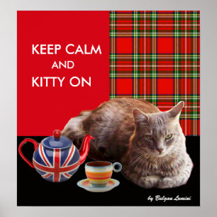 PÓSTER "MANTÉN LA CALMA Y GATITO ENCIMA",TARTÁN ROJO,FIES