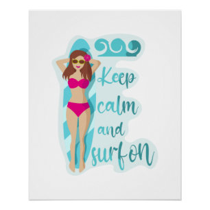 Póster Mantén la calma y surfea en tarjeta de chica moren