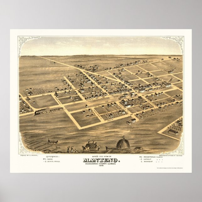Póster Manteno, mapa panorámico IL - 1869 (Frente)