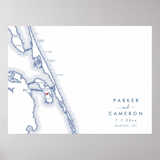 Póster Manteo NC Boda Mapa de la Marina Poster del Libro  (Frente)