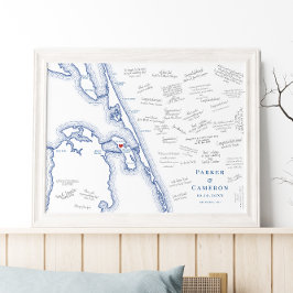 Póster Manteo NC Mapa Elegante Boda Poster del libro invi