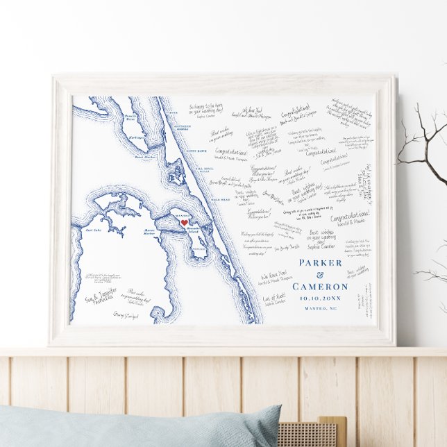 Póster Manteo NC Mapa Elegante Boda Poster del libro invi (Manteo NC map alternative wedding guest book poster with elegant navy blue Outer Banks OBX map)