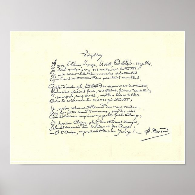 Póster manuscrito autógrafo de Voyelles (Rimbaud) (Frente)