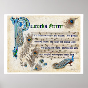 Póster Manuscrito verde de los pavos reales