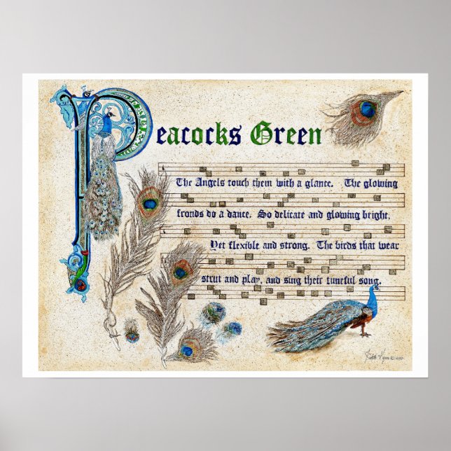 Póster Manuscrito verde de los pavos reales (Frente)