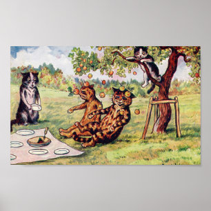Póster Manzana cayendo sobre dos gatos en un picnic, Loui