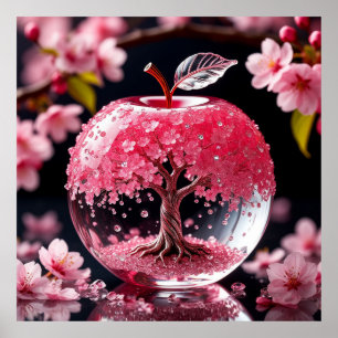 Póster Manzana de vidrio elegante con flor de cerezo intr