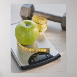 Póster manzana verde a escala de peso, medida de cinta y
