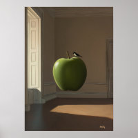 Manzana Verde Flotante y Pájaro – Paisaje Onírico