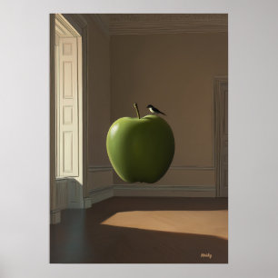 Póster Manzana Verde Flotante y Pájaro – Paisaje Onírico