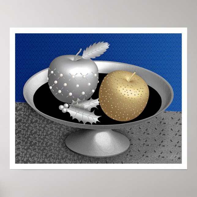 Póster Manzanas doradas y plateadas en un Pedestal platea (Frente)