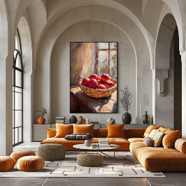 Póster Manzanas en Cesta junto a Ventana Iluminada por el