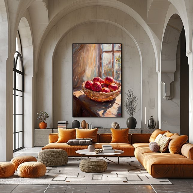 Póster Manzanas en cesta por ventana iluminada por la luz (Subido por el creador)