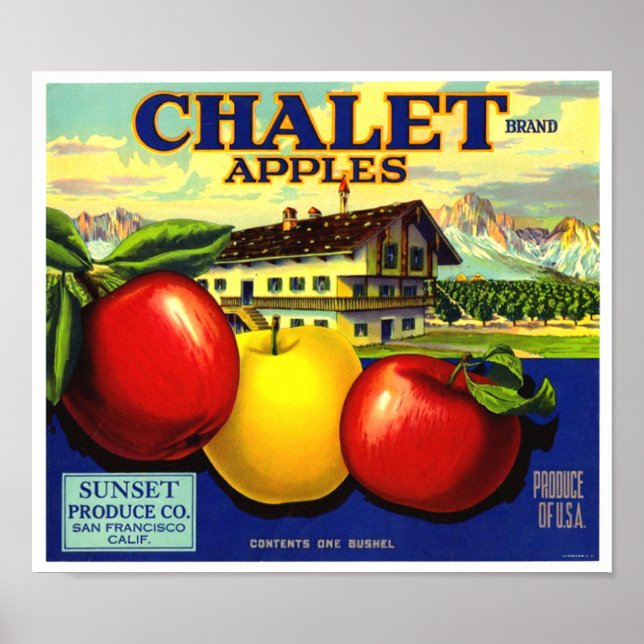 Póster Manzanas Marca Chalet Sunset Produce Co (Frente)