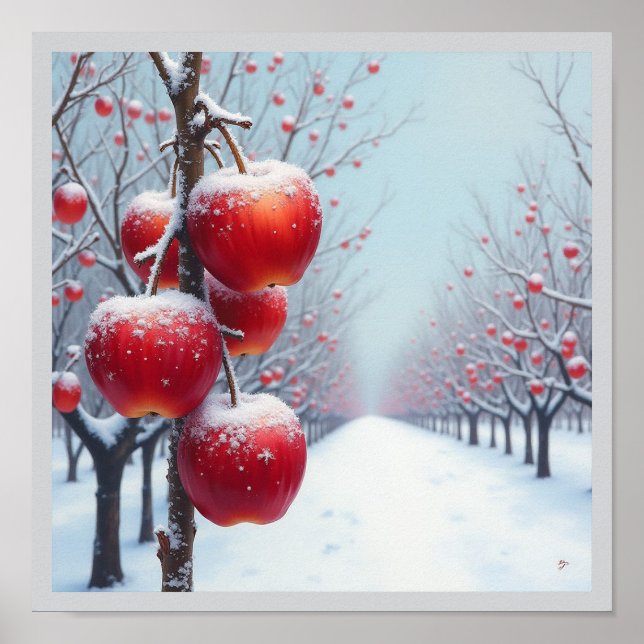 Póster Manzanas rojas deliciosas con nieve (Frente)