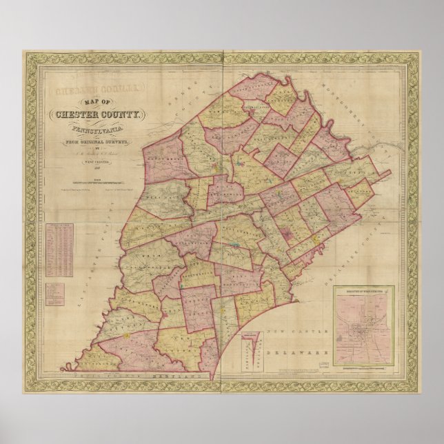 Póster Map Chester County Pennsylvania PA 1847 (Frente)