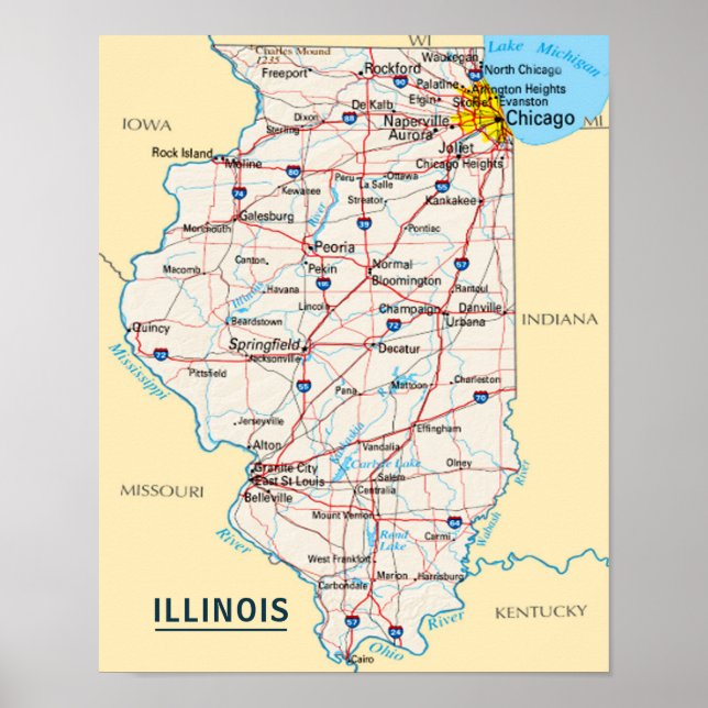 Póster Map Illinois Travel Destination for Home o Office (Frente)