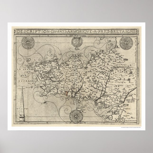 Póster Map of Brittany and France by Tavernier 1594 (Frente)