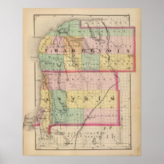 Póster Map of Charlevoix and Antrim counties, Michigan